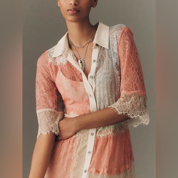 NWT Anthropologie Bl-nk Elegant Multicolor MIDI Lace Shirt Dress - Picture 3 of 5